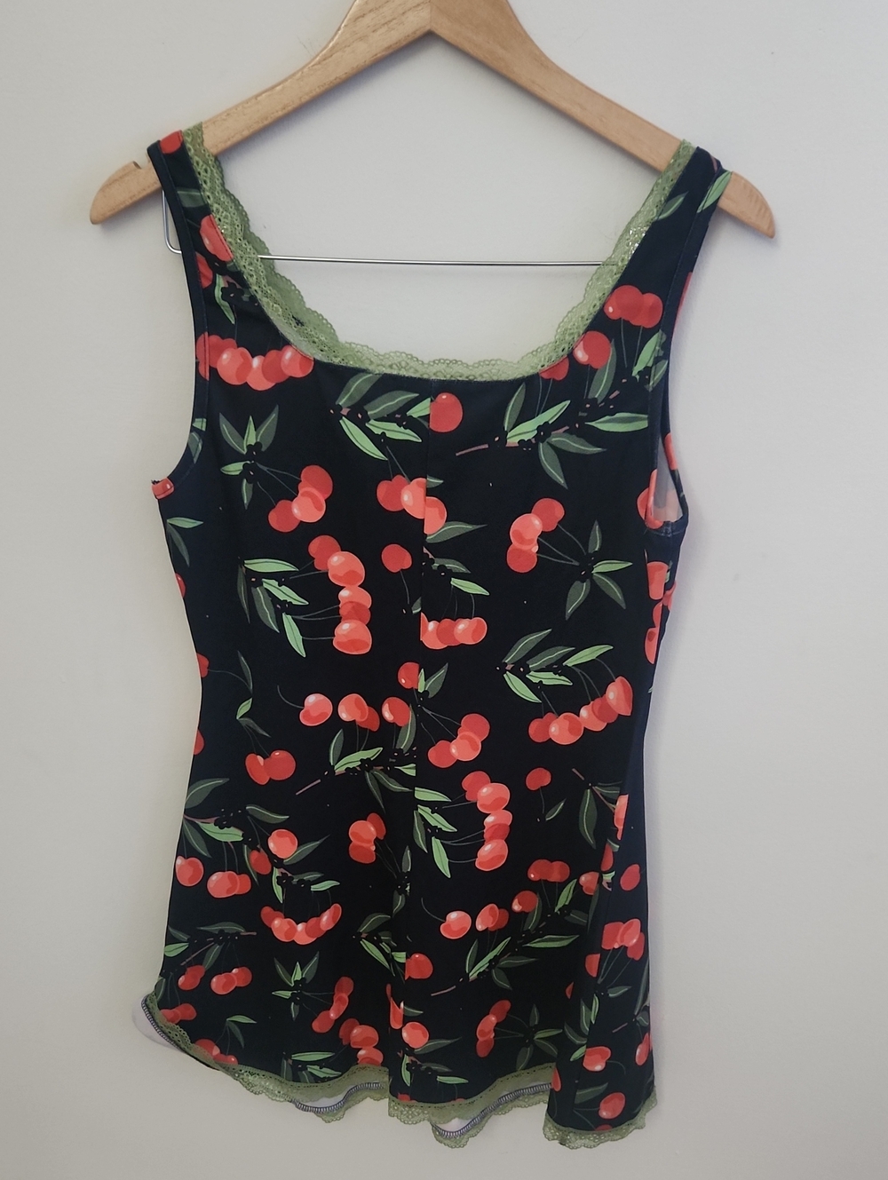 Cider Black Cherry Print Tank Dress Olive Lace Large Fruit Vacation - Picture 7 of 7